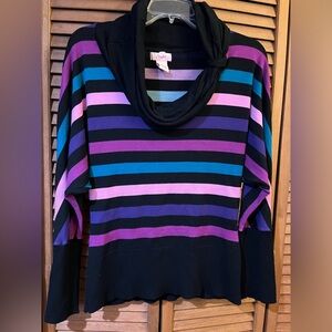 Candie’s woman’s scoop neck sweater. Black w purple aqua pink violet stripes